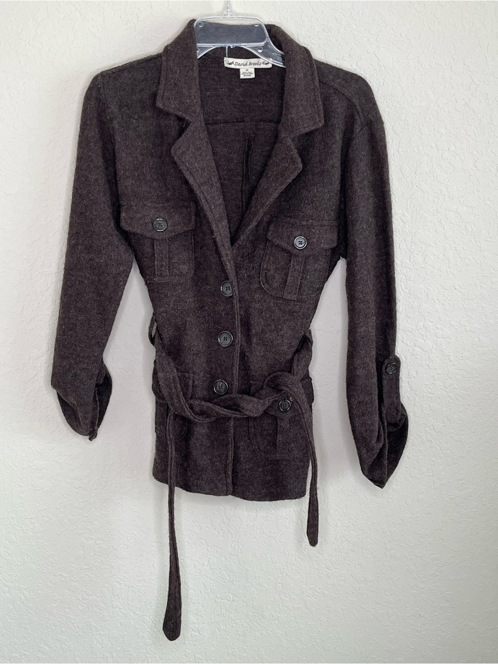 david brooks Dark Brown Buttoned Belted Wool Jacket